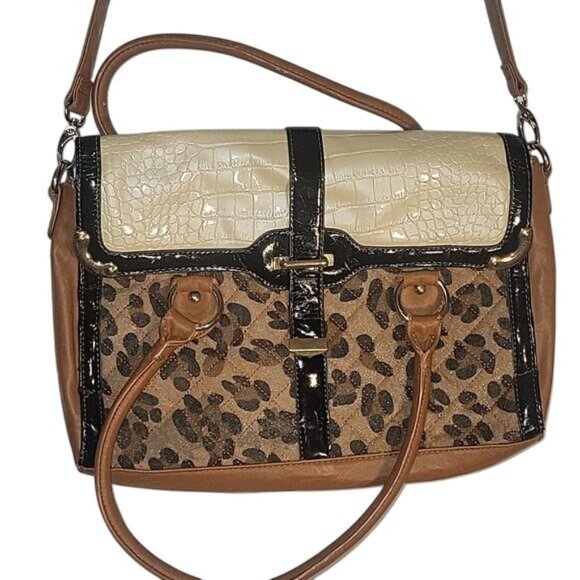 Leopard Print & Faux Croc Leather Satchel Bag With Adjustable Strap & Top Handle - Picture 2 of 9